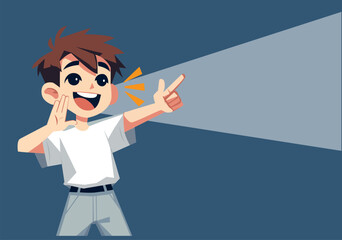 Illustration Happy Young Boy Shouting and Pointing Upwards