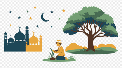 man praying under tree with mosque in background
