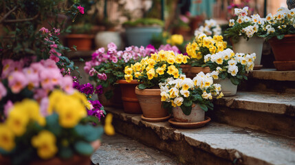 Various colorful pansy flowers in clay pots decorating stone steps in a European village, charming garden landscaping.