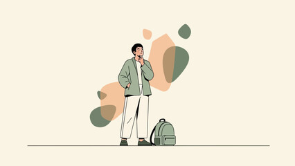 Thoughtful young person with backpack contemplating decisions in a minimalistic illustration