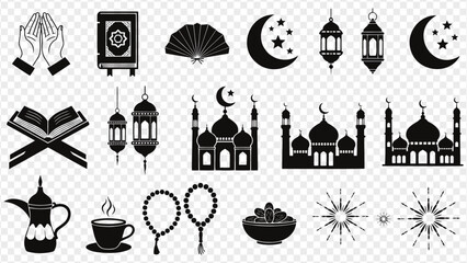 Ramadan icons set with mosque and lanterns