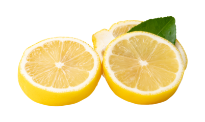 Front view of ripe yellow lemon fruit or slices in two circles and one oval shape with green leaf in stack isolated with clipping path in png file format
