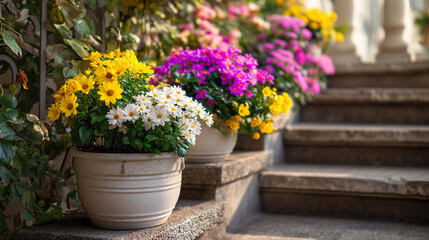 Bright yellow, white and pink flowers in stone pots arranged on outdoor steps, sunlight shining on a beautiful summer garden.