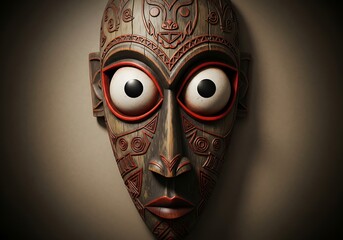 Carved wooden ceremonial face ornamentation displays exaggerated, wide eyes against a muted background