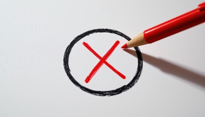 Red Pencil Drawing of a Circle with a Cross Mark Inside on a White Background