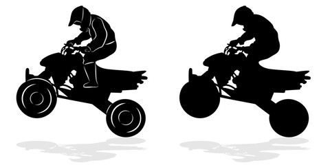 isolated silhouette of a ATV rider, black and white vector drawing, white background