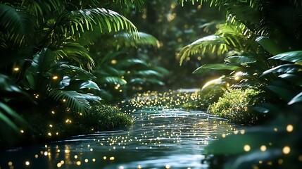 A unique jungle with glowing plants and sparkling rivers 