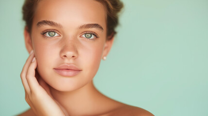 Fototapeta premium Young woman with green eyes freckles poses on a light background. Suitable for beauty, skincare, natural makeup, and lifestyle concepts.