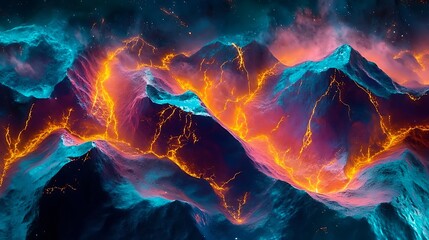 A unique mountain range with glowing veins of light running through the rocks 