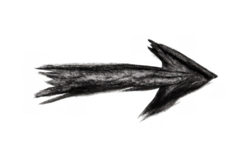 Hand drawing black rough charcoal arrow pointing right on transparent background, showing direction, choice, or movement