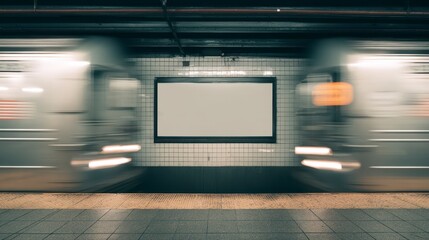 A blurred train speeds through a subway station, its motion streaking past a blank billboard in the wall. The scene is dim