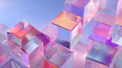 3d glass holographic white background square plate shapes on abstract light blue background. Crystal geometric cube block pattern with pink purple gradient. Futuristic digital tech banner Stock