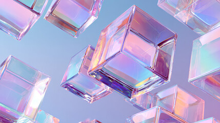 3d glass holographic white background square plate shapes on abstract light blue background. Crystal geometric cube block pattern with pink purple gradient. Futuristic digital tech banner Stock