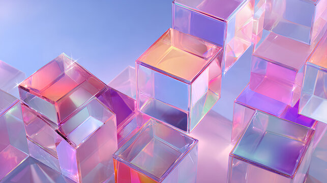 3d glass holographic white background square plate shapes on abstract light blue background. Crystal geometric cube block pattern with pink purple gradient. Futuristic digital tech banner Stock - Powered by Adobe