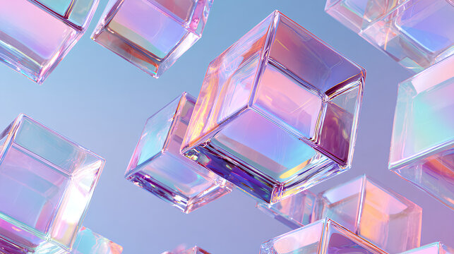 3d glass holographic white background square plate shapes on abstract light blue background. Crystal geometric cube block pattern with pink purple gradient. Futuristic digital tech banner Stock