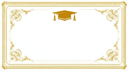 Golden graduation certificate template with decorative border and mortarboard icon