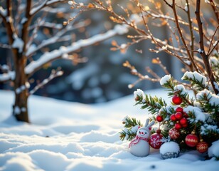Magical Winter Holiday Scene: Snowy Christmas Decorations and Peaceful Seasonal Ambiance with Copy Space