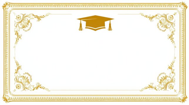 Golden graduation certificate template with decorative border and mortarboard icon