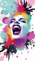 Vibrant Pop Art Illustration of a Woman Screaming with Colorful Paint Splashes