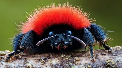 A velvet ant, also known as a cow killer, with its bright red and black fuzzy body 