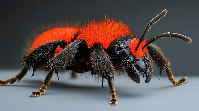 A velvet ant, also known as a cow killer, with its bright red and black fuzzy body 