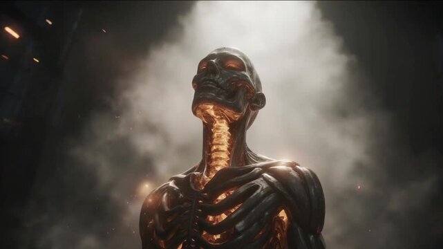 Futuristic humanoid with glowing internal skeleton in dramatic light