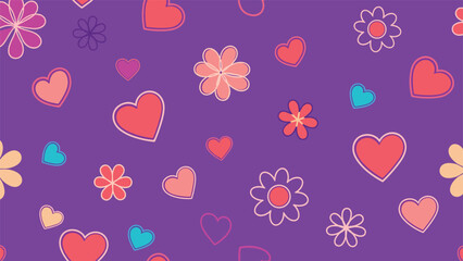 Colorful seamless pattern featuring various styles of hearts and flowers scattered across a vibrant purple background for design.
