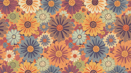 Groovy seamless pattern with retro 1970s style flowers featuring smiley faces in warm orange yellow and purple colors.