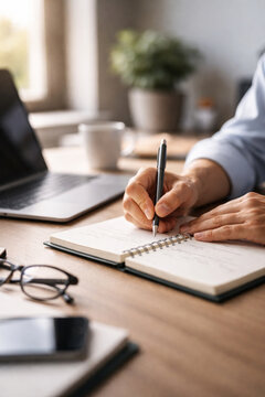 Person's hands writing notes in a planner on a wooden desk with laptop and office items.