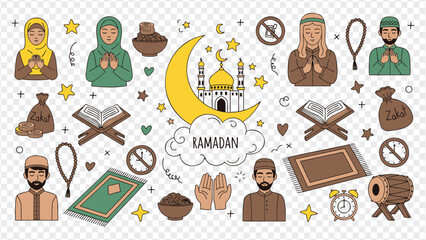 Ramadan symbols and icons with mosque and people