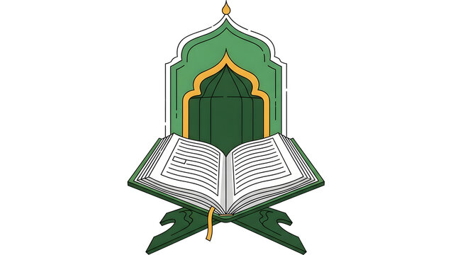 Vector illustration of an open Koran on a rehal with a green and gold Islamic mihrab frame