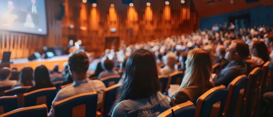 Large audience listening to a business conference in a modern auditorium. Professional event, corporate communication, education, networking and public speaking concept.