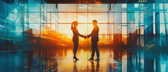 Silhouettes of two business professionals shaking hands in a modern city office at sunset, symbolizing partnership, cooperation, negotiation, and successful corporate agreement in a urban environment.