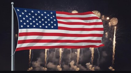 American flag waving with fireworks display celebration festive patriotic