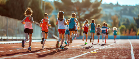 Happy children sprinting on a running track during outdoor school sports. Youth athletics, physical education, teamwork, competition and healthy active childhood concept.