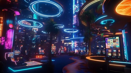 A vibrant casino with electric blue lights, digital slot machines, and holographic decor 