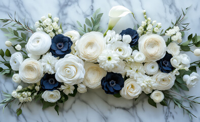 Top view of an arrangement with white flowers like roses, ranunculus, and calla lilies, with navy blue accents on the sides. Generative AI