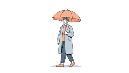 Stylish young man in a long coat with an umbrella modern urban fashion illustration