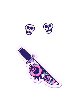 spinning skulls animation of sticker of tattoo in traditional style of a dagger and flowers