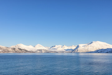 Winter Mountain Scenery with Sea and Blue Sky, Norway