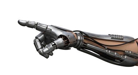 Mechanical prosthetic limb extends index finger in a pointing gesture against a white background