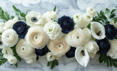Top view of an arrangement with white flowers like roses, ranunculus, and calla lilies, with navy blue accents on the sides. Generative AI