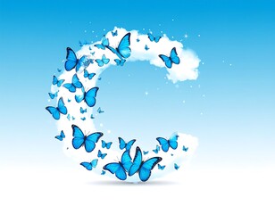 A letter formed by clouds and populated by vibrant blue butterflies