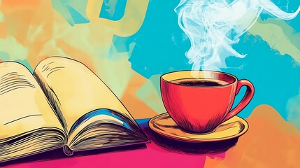 A vibrant comic-style book, a bold muffaral, and a steaming bright ceramic cup 