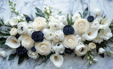 Top view of an arrangement with white flowers like roses, ranunculus, and calla lilies, with navy blue accents on the sides. Generative AI