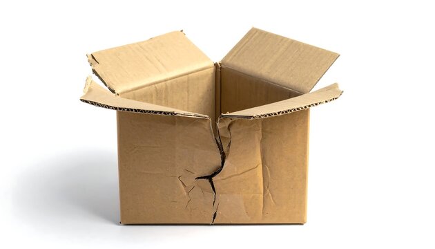 A damaged, open cardboard box on a white, isolated background