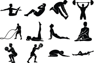 Obraz premium Collection of various fitness and exercise poses in black silhouette