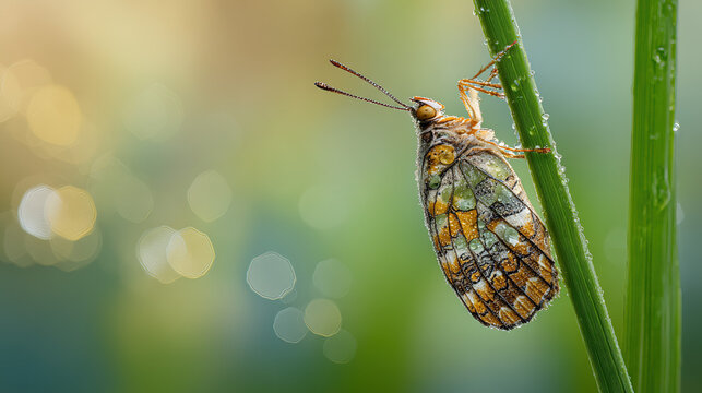Elegant Macro Closeup of a Delicate Lacewing Insect Clinging to a Green Grass Stem with Soft Golden Bokeh and Dreamy Natural Background