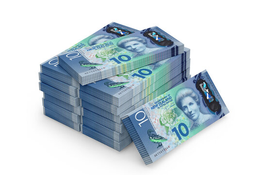 Stack of New Zealand Ten Dollars Banknotes on a white background