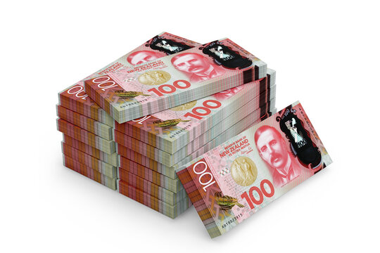 Stack of New Zealand One Hundred Dollars Banknotes on a white background